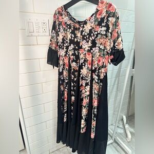 Vintage 90s Starina Black & Pink Floral Bias-Cut Midi Dress, Small but fits up L